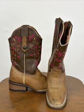 Verthali Brown Leather Western Boots Pink Floral Embroidery Women's 5.5 Mexico